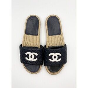 Chanel Navy Blue & White CC Quilted Leather Logo Espadrille Slides Sz EU 40